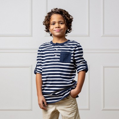 Hope & Henry Boys' Henley Pocket Tee with Rolled Sleeves (Navy Stripe with Pocket, Large) — фото 2