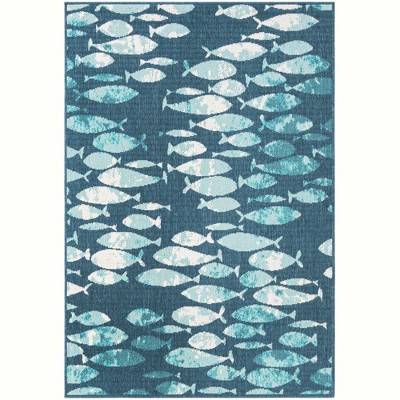Blue Coastal Fish Pattern Rectangular Outdoor Rug, 4' x 6'