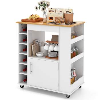 Costway Kitchen Island with Storage Rolling Kitchen Cart with Towel Rack Storage Cart on Wheels w/Bamboo Top 6-Bottle Wine Rack Spice Rack White