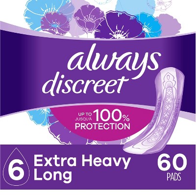 Always Discreet Incontinence and Postpartum Incontinence Pads for Women - Extra Heavy Absorbency - Long Length - 60ct