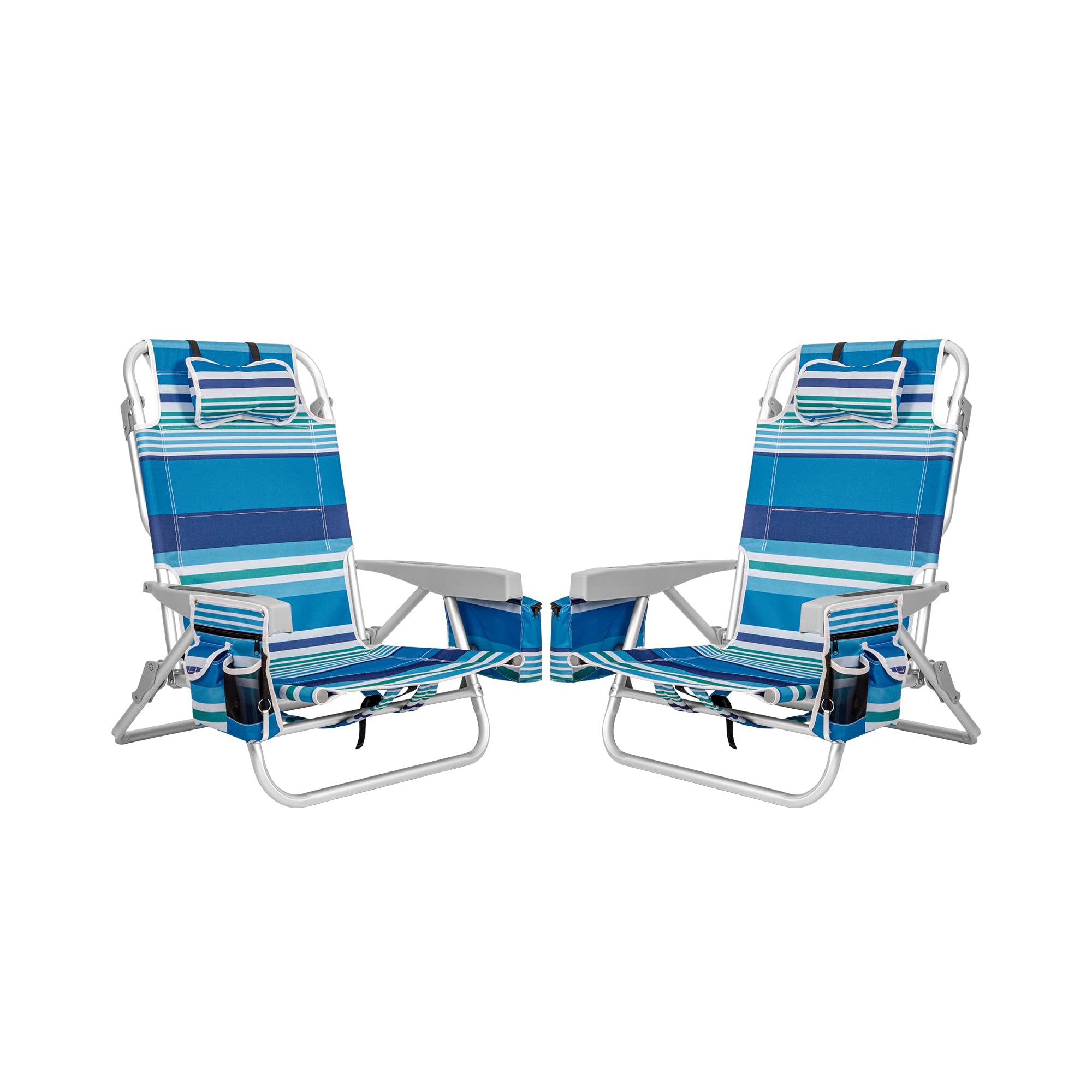 SUNSPIRE 5-Position Backpack Beach Chair Lay Flat for Adult, Folding Chair with Cooler Bag Cup Holder Towel Bar Outdoor Picnic Blue Stripe 2pcs
