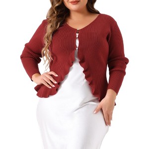 Agnes Orinda Women's Plus Size Long Sleeve Button Ruffle Open Front Knit Cardigan - 1 of 4