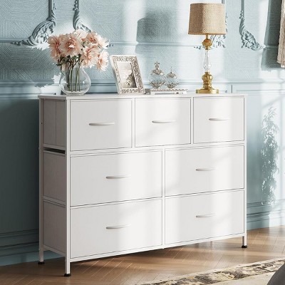 Bestier White 7 Drawer 11.8 in. Fabric Storage Tower Dresser Wooden Top Without mirror for Kid Room, Closet, Entryway, Nursery