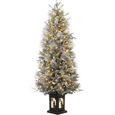 Artificial Christmas Tree Pre-Lit Christmas Tree with Snowflakes and Red Berries, Christmas Tree with White Elk Base for Home, Porch, Office