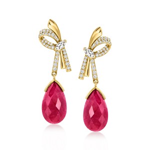 Ross-Simons 25.00 ct. t.w. Ruby Bow Drop Earrings With 1.60 ct. t.w. White Topaz in 18kt Gold Over Sterling - 1 of 4
