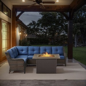 POCASSY Outdoor Sectional Sofa with Fire Pit Table - All Weather Brown Wicker Patio Furniture Set L Shaped Sectional Sofa with Fire Pit Table - 1 of 4