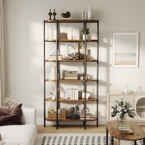 Industrial 6-Tier Oval Bookshelf, Rustic Brown Wooden & Metal Frame Tall Bookcase, Open Display Shelf Racks, Standing Bookcase - 1 of 4