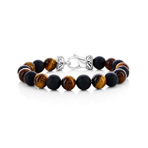 Metallo Stainless Steel, 10mm Alternating Genuine Bead Bracelet - Tiger Eye & Onyx - Brown - 8.5 Inch - 1 of 3