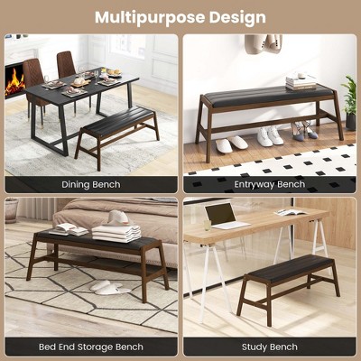 Walnut and Black 50" Solid Wood Dining Bench Set with Faux Leather Upholstery