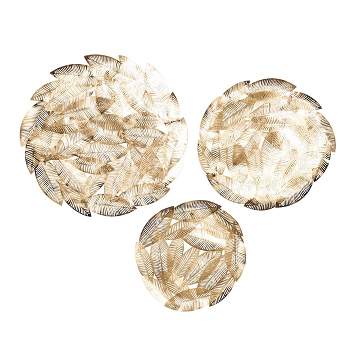 Set of 3 Metal Leaf Abstract Round Disk Wall Decors Gold - Olivia & May