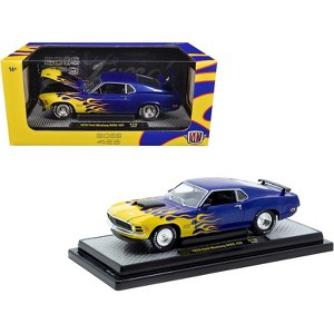 1970 Ford Mustang BOSS 429 Blue Metallic with Flame Graphics Limited Edition 1/24 Diecast Model Cars by M2 Machines - 1 of 3
