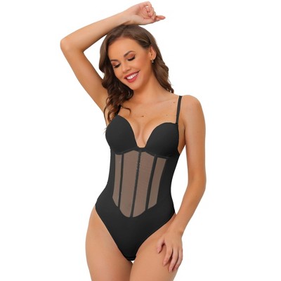 Allegra K Women's Built with Bra Mesh Panel Tummy Control Sculpting Leotard with Adjustable Straps