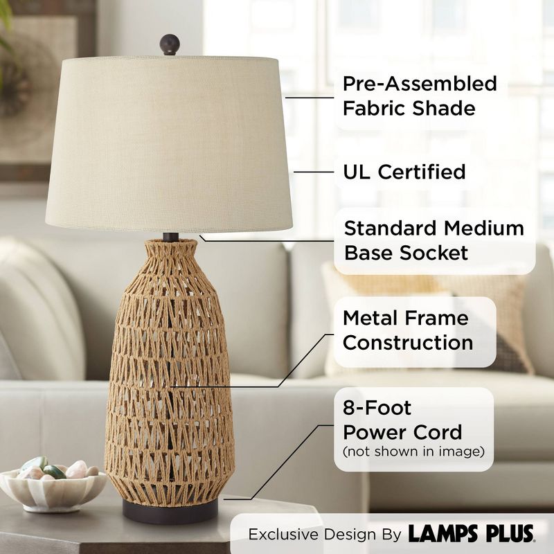360 Lighting San Carlos Modern Coastal Table Lamp 29" Tall Natural Rattan Wicker Oatmeal Fabric Drum Shade for Bedroom Living Room Bedside Nightstand, 3 of 10