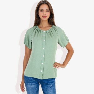 Anna-Kaci Women's Short Sleeve Button Down Blouse with Gathered Neckline Casual and Comfortable Top for Everyday Wear - 1 of 4