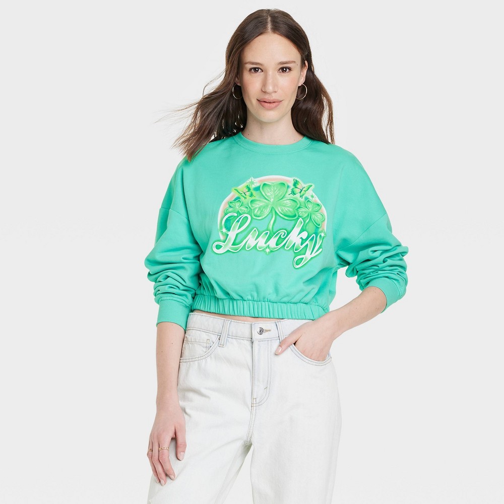 Women's Lucky Airbrush Graphic Cropped Sweatshirt - Green XXL