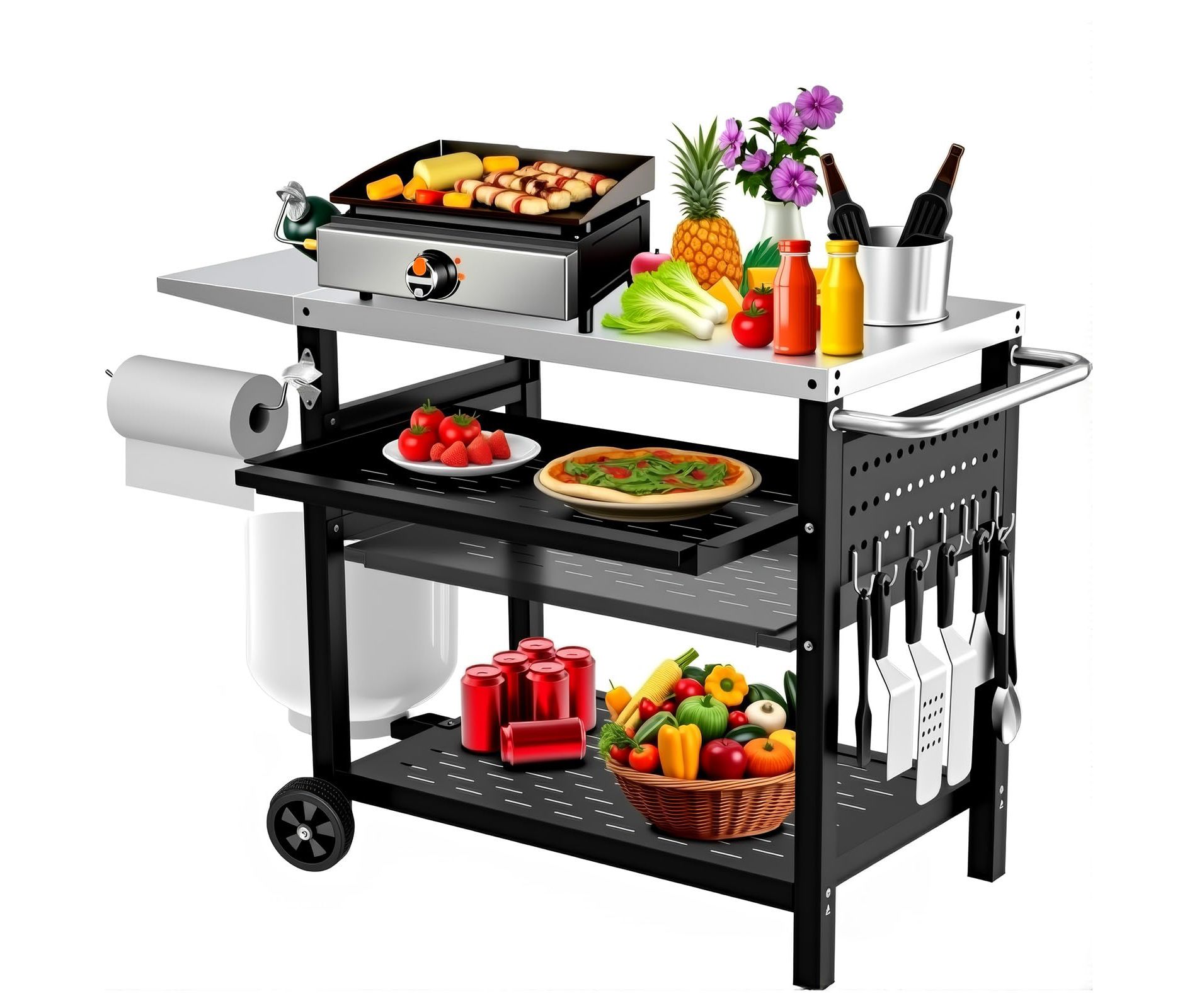 Stainless Steel Outdoor Grill Cart with Pegboard, 3 Shelves & Drawer - Mobile BBQ Prep Table with Wheels for Patio, Garden & Pizza Oven