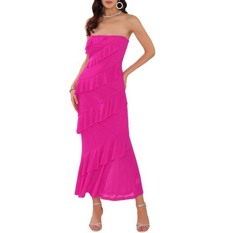 Женские платья INSPIRE CHIC Women's Ruffled Tiered Strapless Maxi Dress Hot Pink Medium