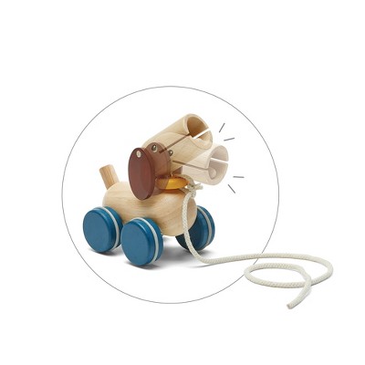 Natural Rubberwood Push and Pull Puppy Toy with Blue Wheels