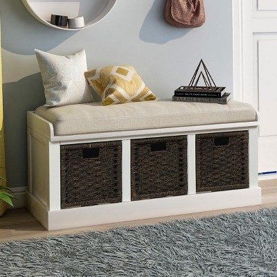 ELJGET Storage Bench with 3 Rattan Baskets, Entryway Shoe Bench with Cushioned Seat, for Bedroom, Living Room