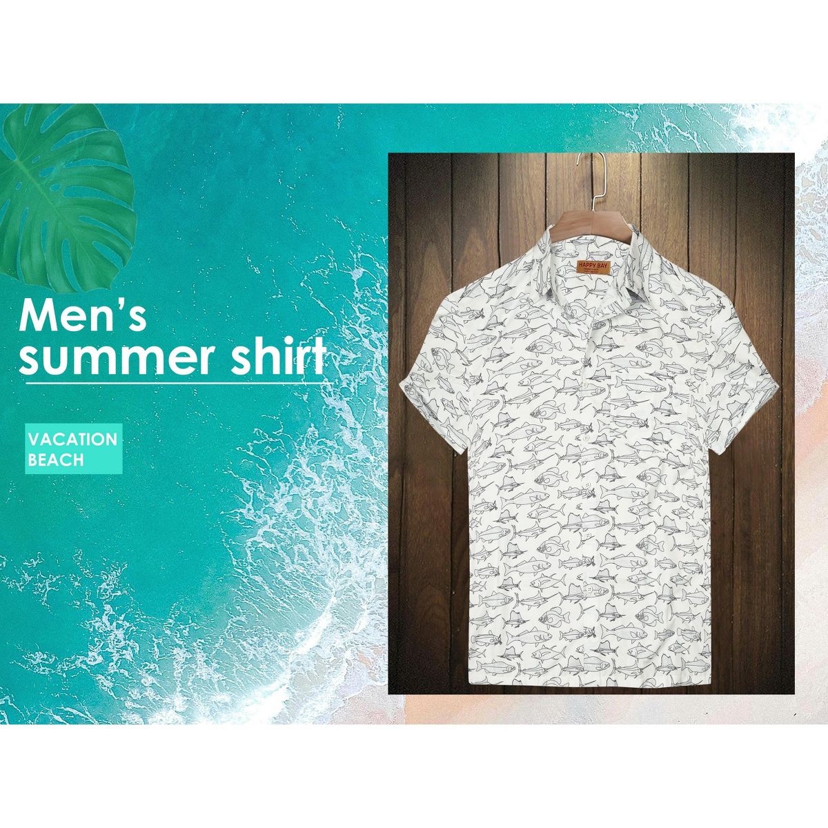 HAPPY BAY Mens Short Sleeve Button Down Casual Beach Shirt XXL Saltwater Fish White - thumbnail 7