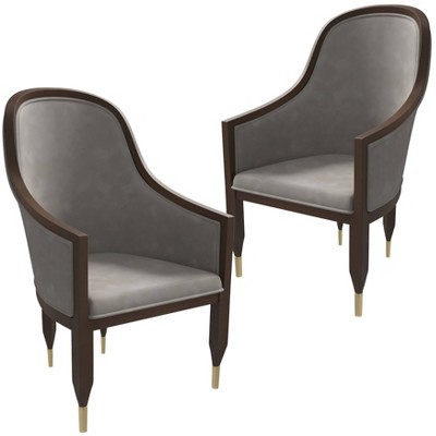 LeisureMod Upholstered Dining Chair in Leather with Gold Metal Caps and Rubberwood Frame Belle Series Set of 2