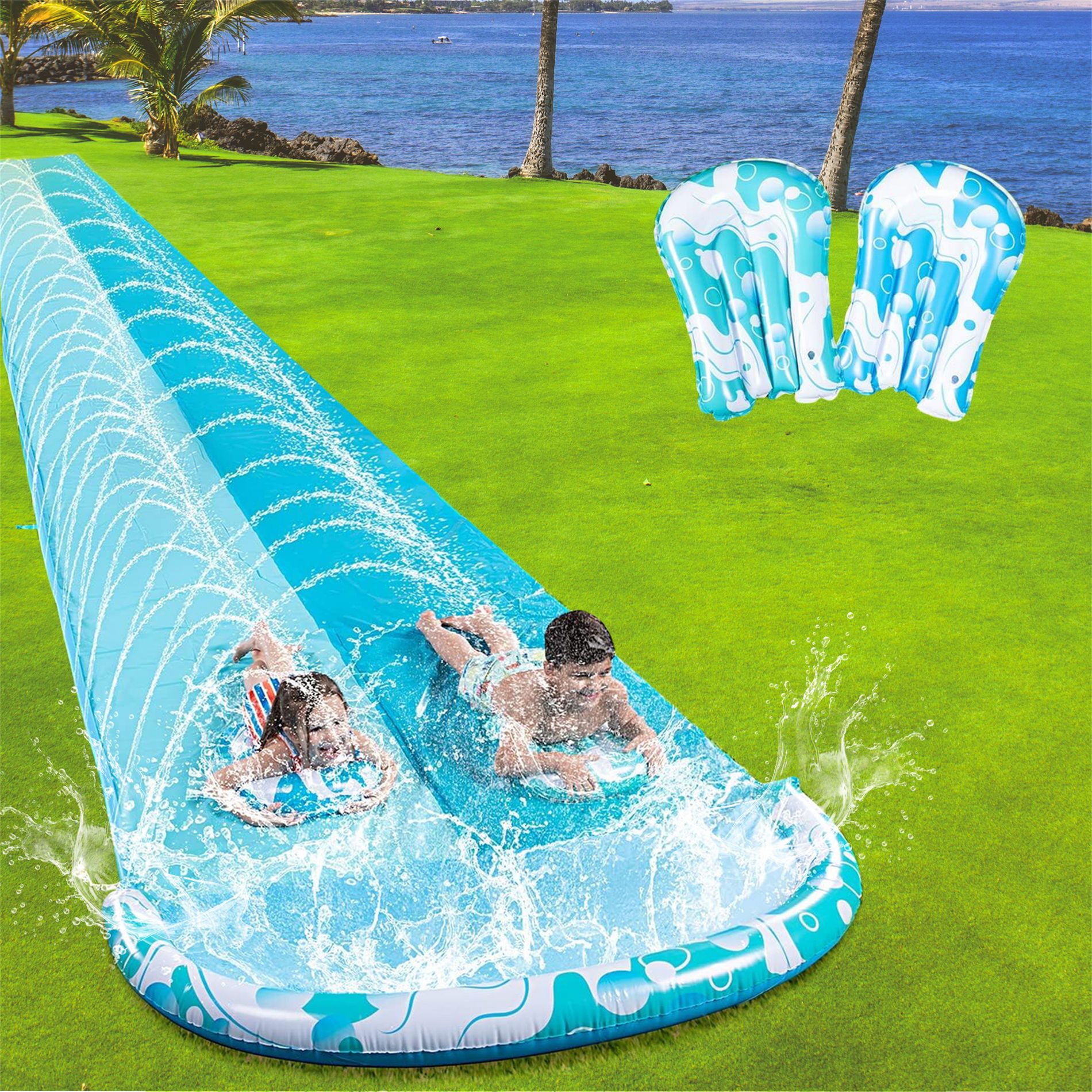 Joyfy 22.5ft Bubble Double Lane Water Slides, Summer Backyard Lawn Water Slip with Build in Sprinkler&Inflatable Bodyboards (Light Blue)
