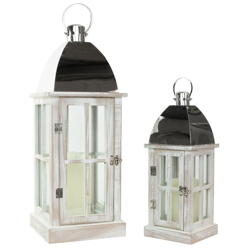 Northlight Set of 2 Antique White Wood Candle Lanterns with Silver Tops 21.5", 2 of 5