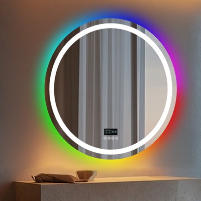 Overlength Rectangle RGB LED Bathroom Mirror w/ Bluetooth Speaker Vanity Mirror for Make Up
