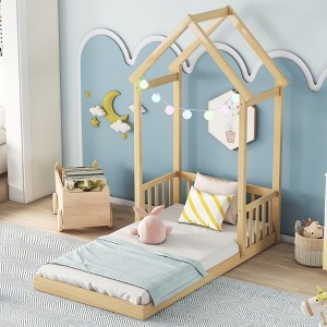 CAVINAS Twin/Full Size Bed Frame with House-Style Roof & Headboard Guardrails,Modern Floor Bed for Kids Room,Bedroom - 1 of 4
