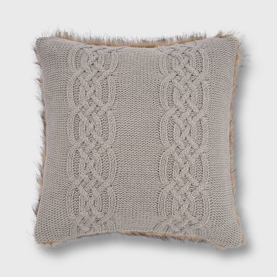 20"x20" Classic Cable Knit with Faux Fur Reverse Throw Pillow Light Gray - EVERGRACE