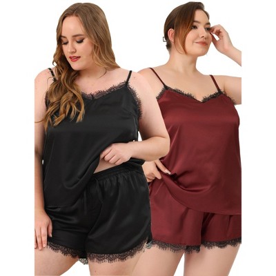 Agnes Orinda Women's Plus Size Lace Panel Sleeveless Elastic Waist Packs Pajama Sets