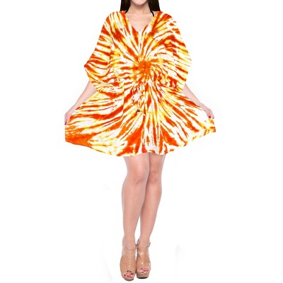 LA LEELA Women's House Daily Routine Evening Wear Holiday Casual Loungewear Oversize Caftan Knee Length Housecoat 2X-3X Orange, Tie Dye Design