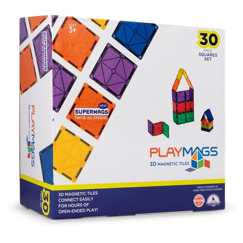 Playmags 30 Piece Starter Kit Squares Set: Now with Stronger Magnets, Sturdy, Super Durable Magnetic Tiles with Vivid Clear Colors STEM Toys for Kids, 2 of 4