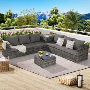 6-Piece Premium Patio Sectional: Wicker Sofa + Corner Table & Glass Top – Commercial Durability - 1 of 4