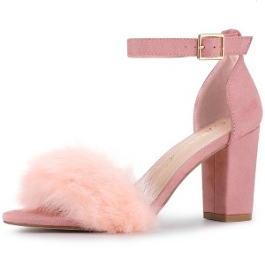Allegra K Women's Faux Fur Buckle Closure Ankle Strap Block Heels Sandals - 1 of 4