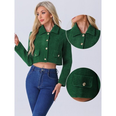 Allegra K Women's Tweed Short Suit Long Sleeve Crop Jacket X-Large Green — фото 2