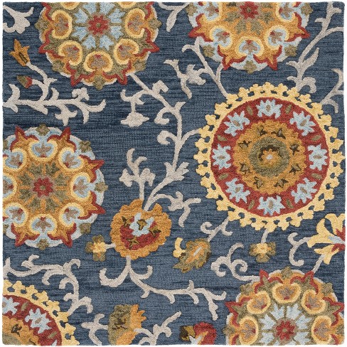 Safavieh Blossom 6' Square Hand Tufted Wool Rug in Blue and Gold