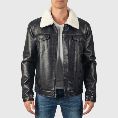 Мужские куртки Alpine Swiss Aaron Mens Fitted Trucker Jacket Faux Fur Collar Vegan Leather Warm Casual Coat