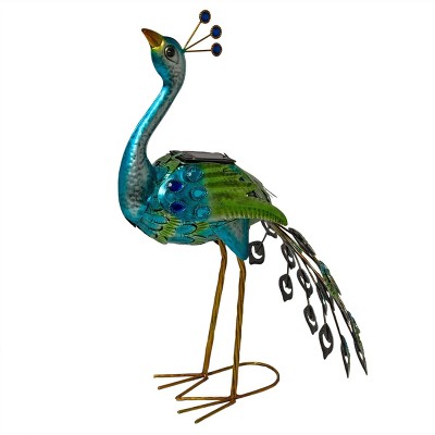 Solar-Powered Blue and Green Metal Peacock Garden Sculpture with LED Light, 20"