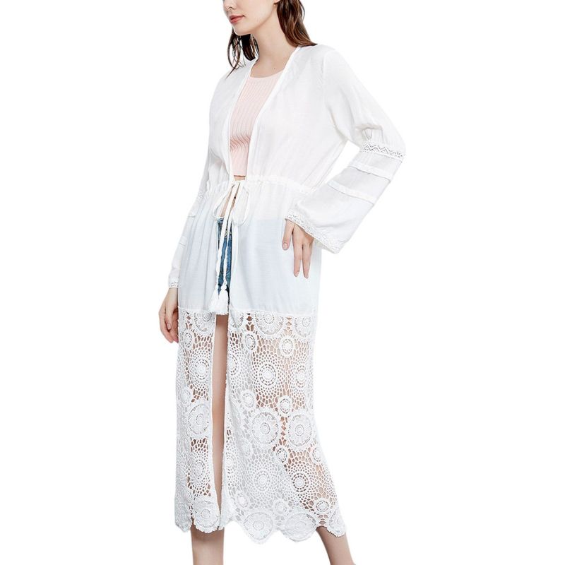 Anna-Kaci Women's Lace Floral Crochet Embroidered Long Sleeve Drawstring Patchwork Duster Cardigan- One Size Fits Most ,White, 1 of 7