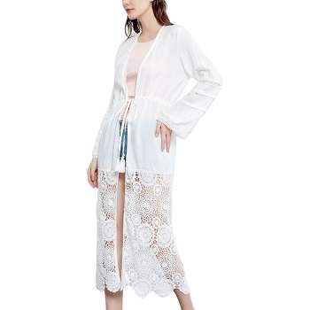 Anna-Kaci Women's Lace Floral Crochet Embroidered Long Sleeve Drawstring Patchwork Duster Cardigan- One Size Fits Most ,White