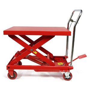 500 lbs hydraulic lift table cart with 30" lifting height; double scissor design with 4 wheels and non-slip pad for material handling and transport. - 1 of 4