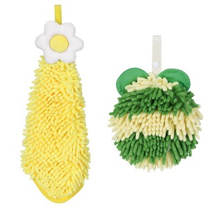 REGALWOVEN Soft Absorbent Cute Fuzzy Hanging Decorative Bathroom Chenille Hand Towel 6" x 15"/7" x 7" 2 Packs - 1 of 4