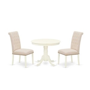 3-Piece Linen White Finish Solid Wood Top - Round Dining Room Set - Seats 4 - 1 of 4