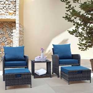 GDFStudio Foster 5 Piece Iron and PE Rattan Outdoor Waterproof Upholstered Seating Set with Ottomans and Accent Table - 1 of 4