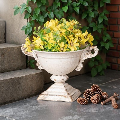 Vintage French Country Metal Planter Bowl with Handles ¨C Rustic Shabby Chic Pedestal Flower Pot for Indoor & Outdoor Decor
