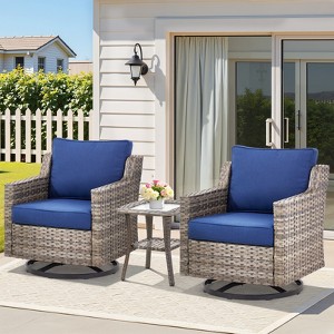 Buenhomino 3-Piece Patio Wicker Furniture Sets, Outdoor Cushioned Bistro Swivel Rocking Chairs Set with Glass Top Side Table, Beige - 1 of 4