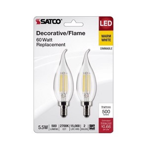 Satco CA10 (Flame Tip) E12 (Candelabra) Filament Clear LED Bulb Warm White 60 Watt Equivalence 2 pk - 1 of 1