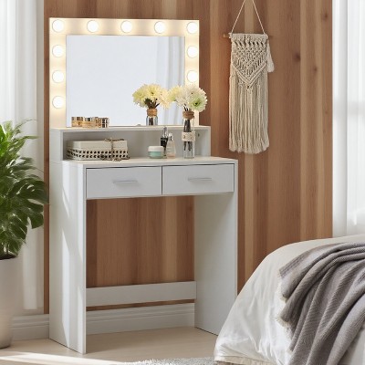 KWPZQEB Vanity Desk with Mirror and Lights, Small Dressing Table with 2 Storage Drawers, Shelve & 3 Lighting Modes Adjustable Brightness for Bedroom