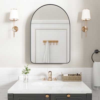 Wooakway 24 x 36 Inch Arch Framed Recessed Medicine Cabinet Wall Mounted Bathroom Vanity Mirror with Shelves, Black